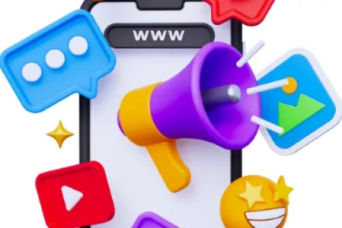 megaphone au milieu, au milieu des émojis vidéo, illustration, coeur, cloche qui sortent de l'écran d'un portable