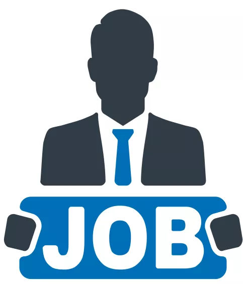 Un personnage masculin en noir et blanc en portrait, en costume noir et cravate bleu tient une pancarte à fond bleu comme sa cravate sur laquelle est écrit en blanc, en lettres masjuscules JOB