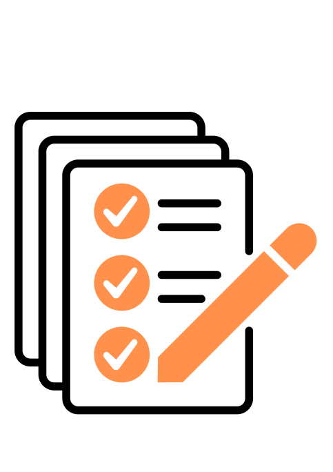plusieurs feuilles. Sur la première feuille, on voit 3 cases de couleur orange cochées avec des lignes en face de chaque case et un crayon de couleur orange prêt à cocher