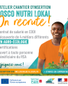 Affiche de recrutement pour l’atelier chantier d’insertion "Bosco Nutri Lokal". Le texte indique que l’ACI recrute des personnes bénéficiaires du RSA en contrat CDDI, pour découvrir quatre métiers en agro-écologie, avec des certifications à la clé. L'inscription se fait sur le site inclusion.beta.gouv.fr. Deux jeunes adultes souriants, un jeune homme et une jeune femme, en t-shirt orange avec le logo "Saint Jean Bosco", tiennent des plantes vertes. Logos en bas : Union européenne, Association ASJB